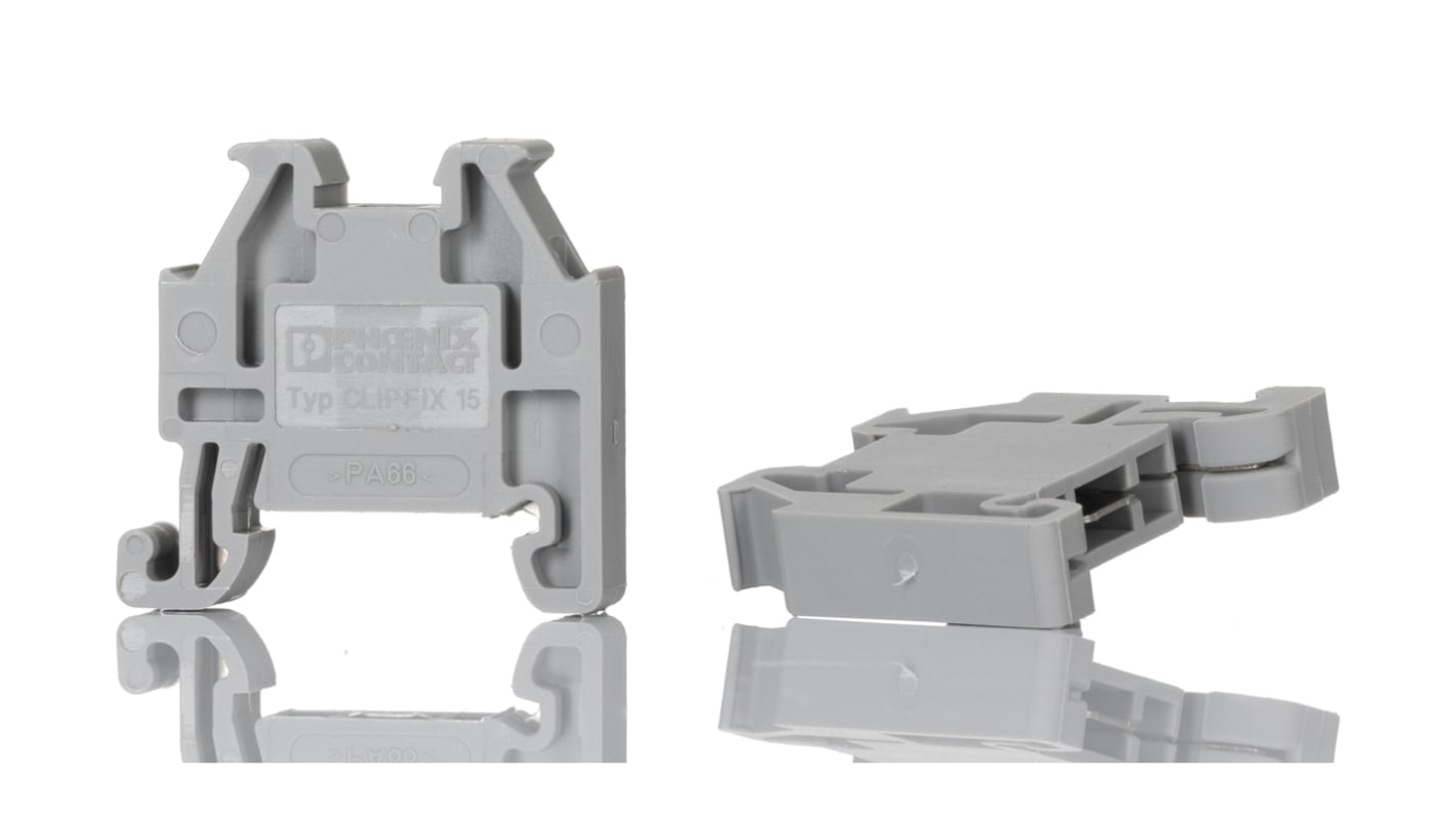 Staffa terminale Phoenix Contact CLIPFIX 15 (3022263) per guida DIN. Larghezza 5,2 mm, costruzione in PA ignifugo. Ideale per automazione industriale.