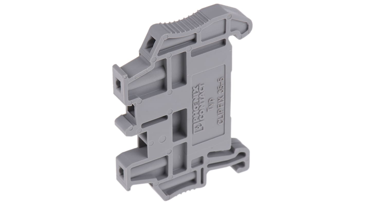 Morsetto terminale CLIPFIX 35-5 V0 di Phoenix Contact (3032350) per guide DIN standard. Resistente agli urti, ideale per ambienti difficili. Ampio intervallo di temperature da -60°C a +105°C. Adatto per macchinari mobili.