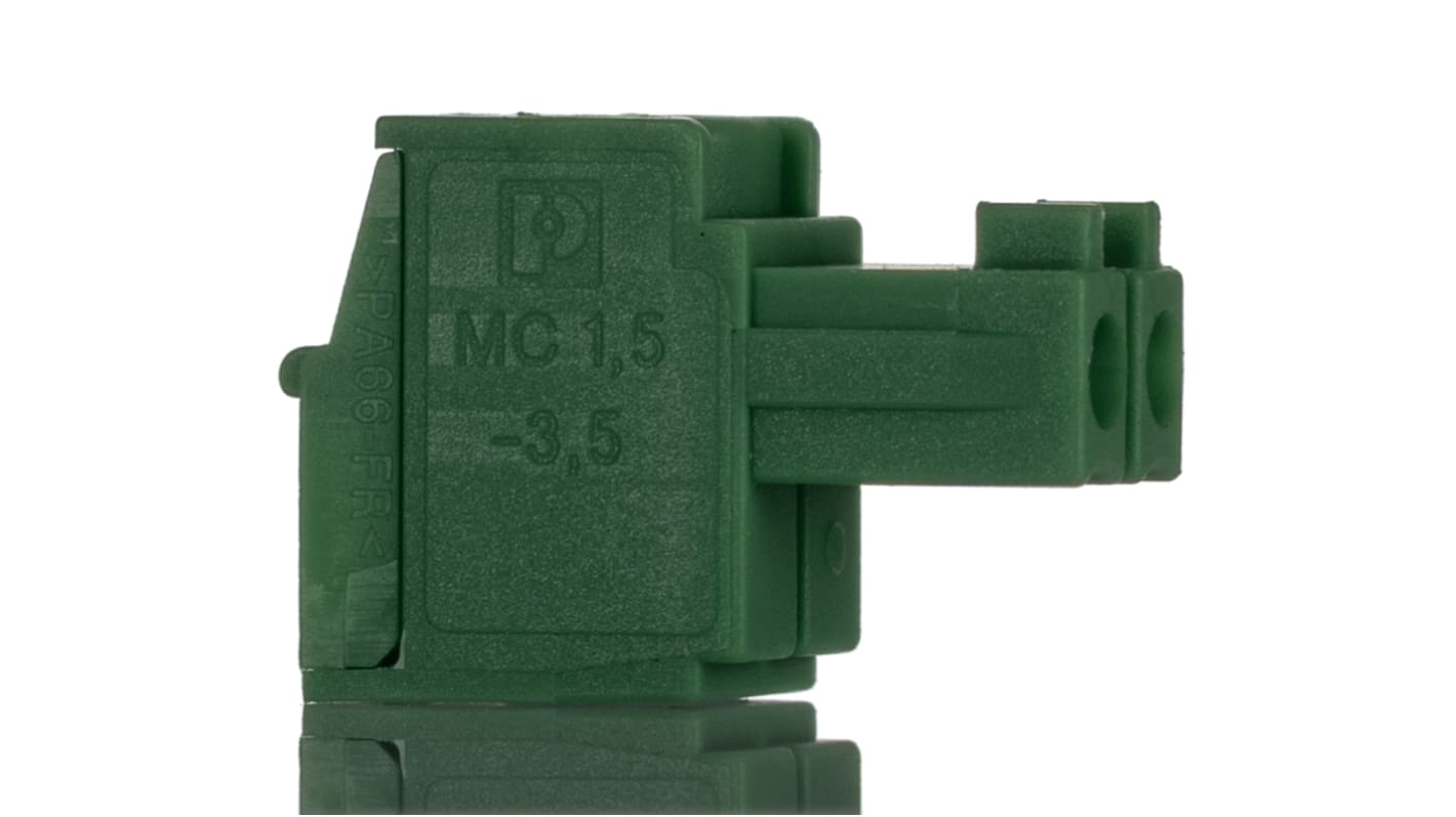 Connettore PCB Phoenix Contact MC 1,5/2-ST-3,5 - 1840366. 2 vie, passo 3,5mm, contatti in lega di rame placcati in stagno. Resistente a -40°C/+100°C, ideale per PCB e applicazioni a bassa potenza.