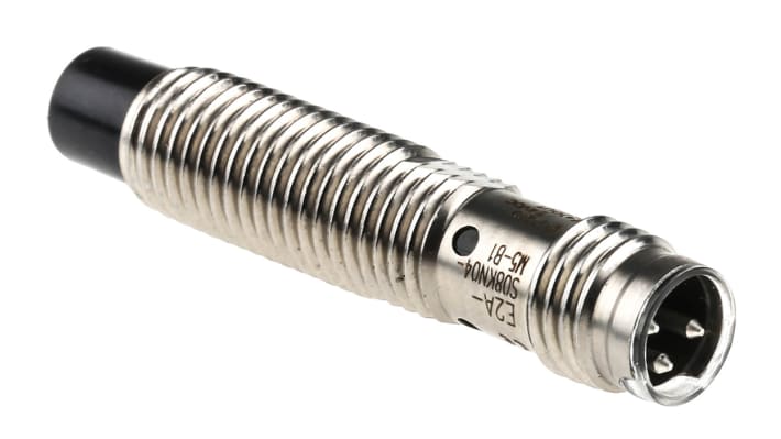 Sensore di prossimità cilindrico PNP Omron E2A-S08KN04-M5-B1, rilevamento 4 mm, IP67, acciaio inox, connettore M8.