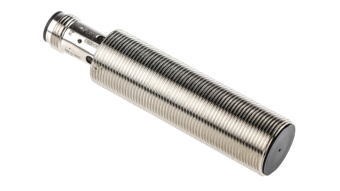 Sensore di prossimità cilindrico PNP Omron E2B-M18LS08-M1-B1, rilevamento 8 mm, corpo in ottone, grado di protezione IP67.