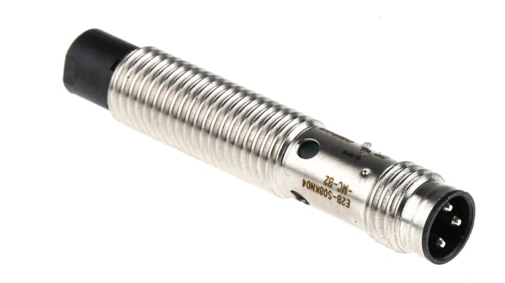 Omron E2B-S08KN04-MC-B2, sensore di prossimità induttivo cilindrico PNP, M8, 4 mm, IP67, acciaio inox, lunghezza 27 mm.