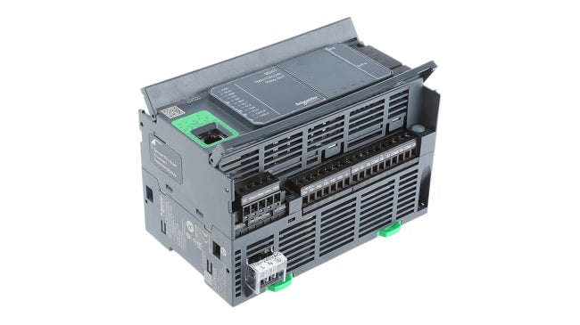 Schneider Electric TM241CEC24R, CPU PLC Modicon M241, 14 ingressi, 10 uscite, montaggio su guida DIN, dimensioni 150 x 95 x 90 mm.