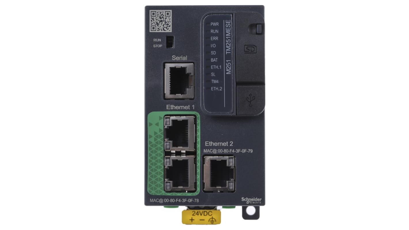 Controllore logico Modicon M251 di Schneider Electric, 24 V c.c., montaggio su guida DIN, 4 porte di comunicazione.
