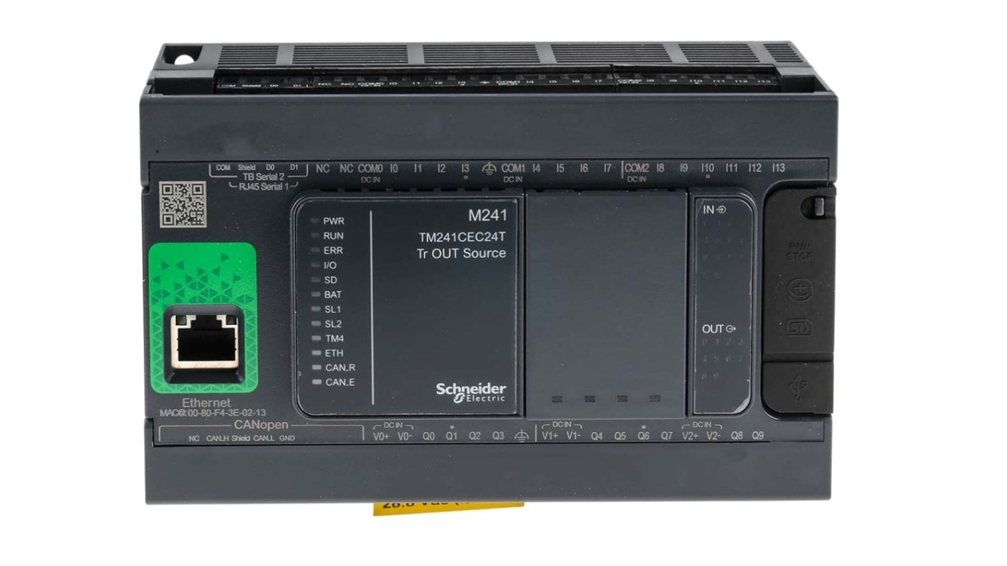Schneider Electric - TM241CEC24T CPU PLC Modicon M241, 24 I/O, 24 V, 14 ingressi, 10 uscite per automazione industriale efficiente.