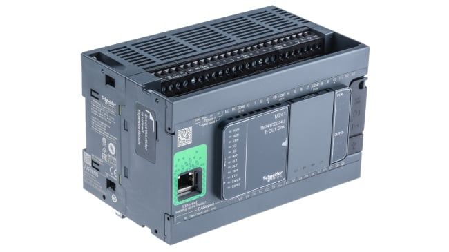Schneider Electric TM241CEC24U, CPU PLC Modicon M241, 14 ingressi, 10 uscite, montaggio su guida DIN, dimensioni 150 x 95 x 90 mm.