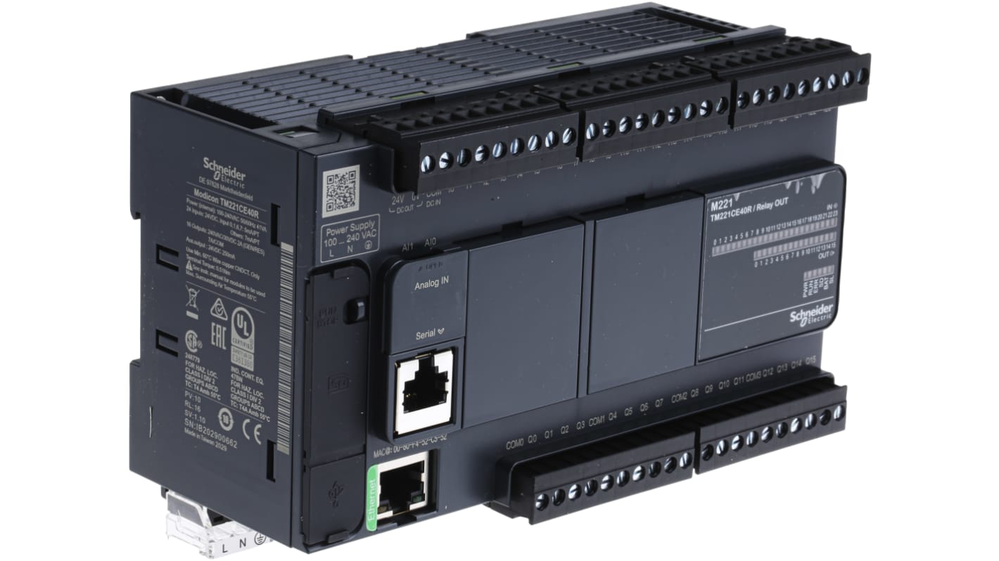 Controller logico Schneider Electric Modicon M221 TM221CE40R con 24 ingressi, 16 uscite, interfaccia RS232/RS485/USB. Ideale per automazione efficiente.