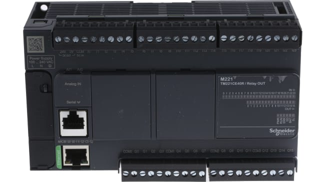 Controller logico Schneider Electric Modicon M221 TM221CE40R con 24 ingressi, 16 uscite, interfaccia RS232/RS485/USB. Ideale per automazione efficiente.