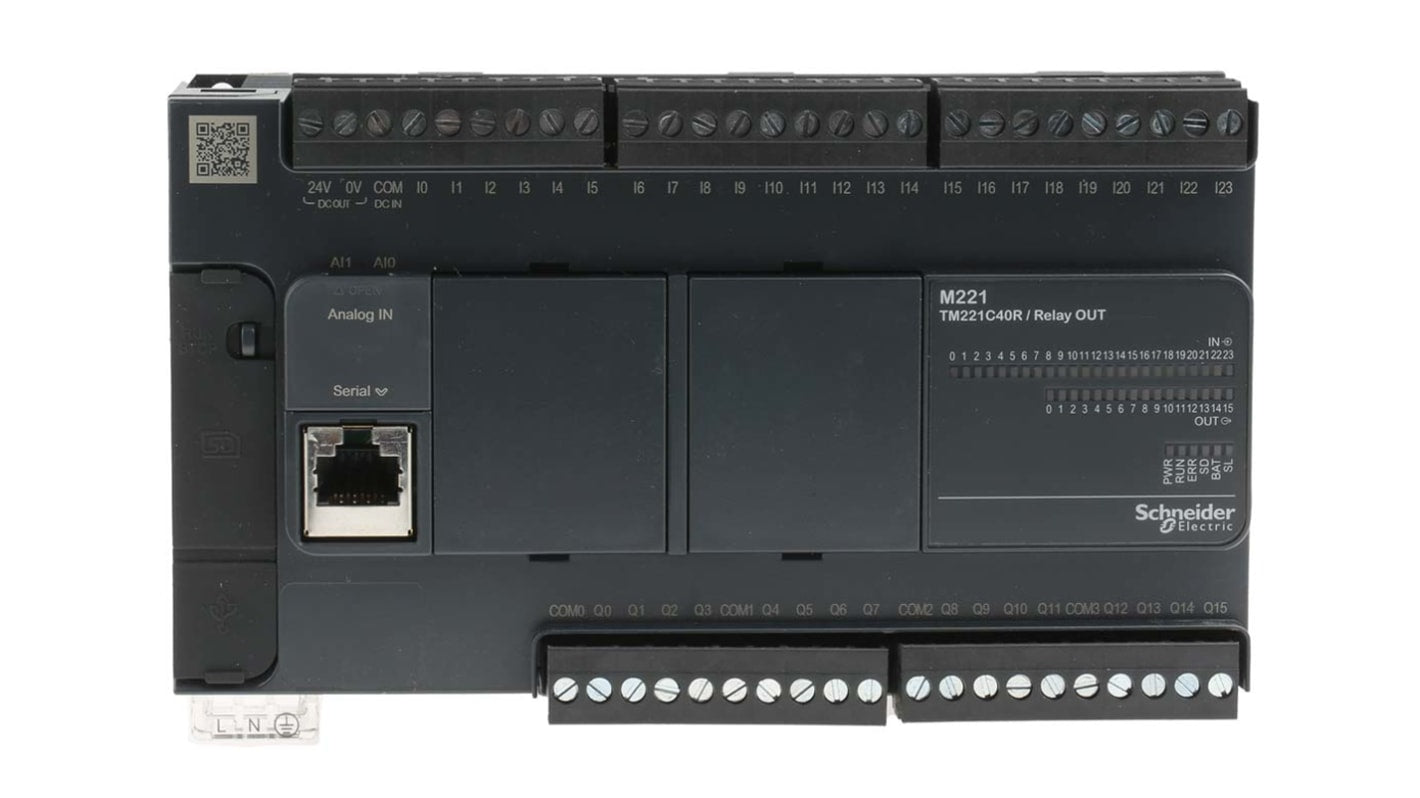 Schneider Electric TM221C40R, CPU PLC Modicon M221, 40 I/O, montaggio a pannello, dimensioni 90 x 70 x 110 mm.