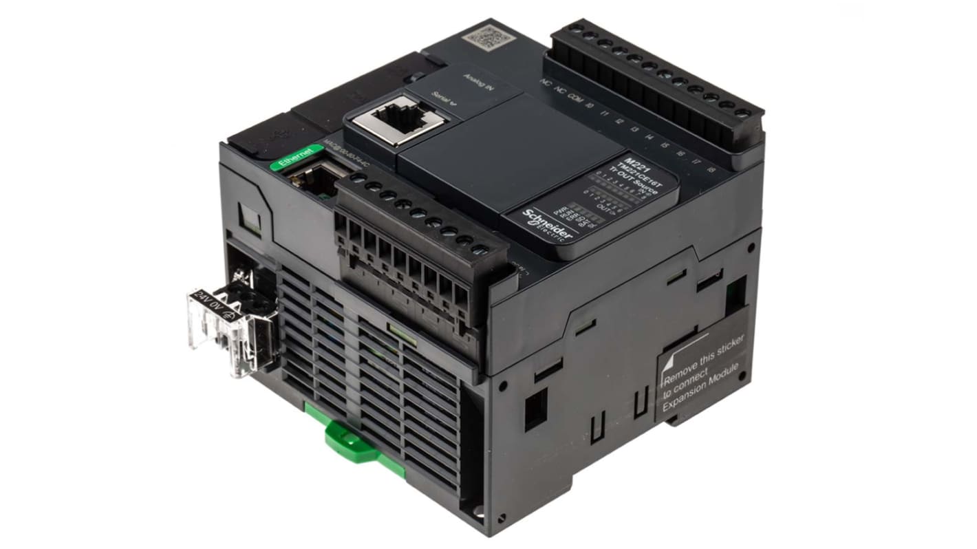 Controllore PLC Modicon M221 di Schneider Electric, TM221CE16T, 9 ingressi, 7 uscite, montaggio a pannello, dimensioni 90 x 70 x 95 mm.