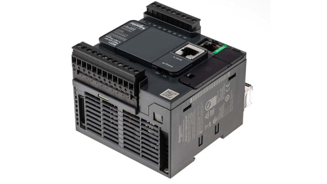 Controllore PLC Modicon M221 di Schneider Electric, TM221CE16T, 9 ingressi, 7 uscite, montaggio a pannello, dimensioni 90 x 70 x 95 mm.