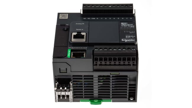 Controllore PLC Modicon M221 di Schneider Electric, TM221CE16T, 9 ingressi, 7 uscite, montaggio a pannello, dimensioni 90 x 70 x 95 mm.