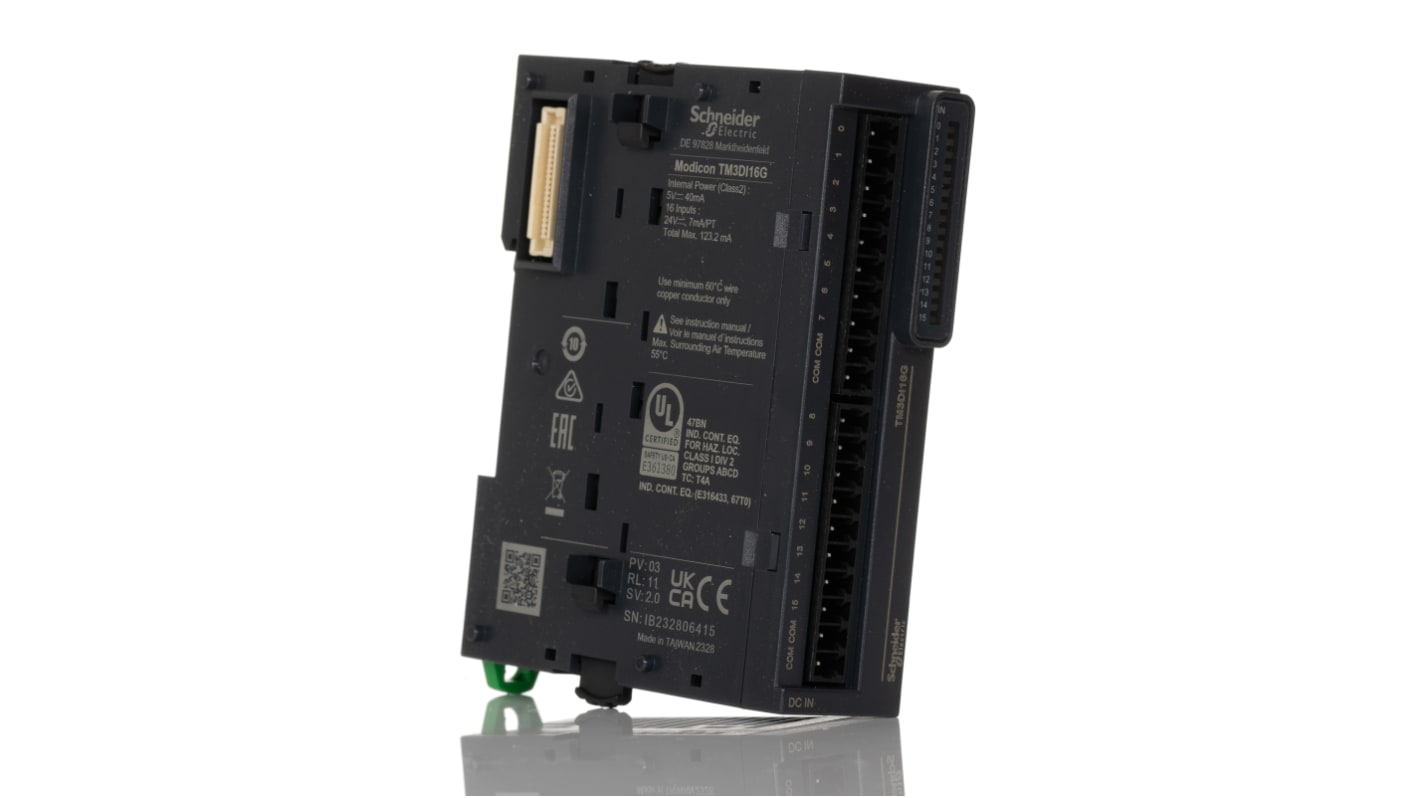 Modulo I/O PLC Schneider Electric TM3DI16G, 16 ingressi digitali, 24 V c.c., dimensioni 90 x 23,6 x 70 mm.