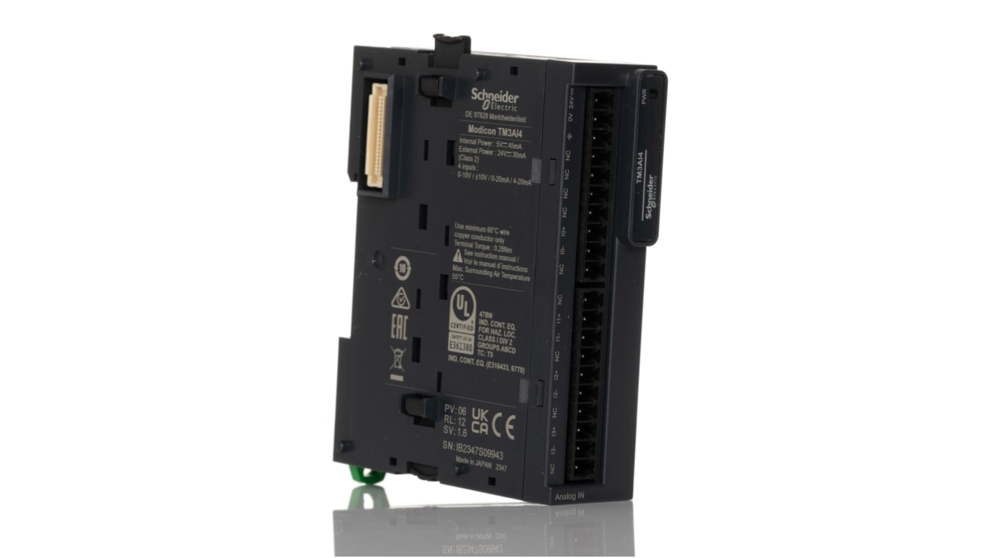 Modulo I/O PLC Schneider Electric TM3AI4 per Modicon M221, M241 e M251. 4 ingressi analogici per tensione e corrente, design compatto e installazione facile.