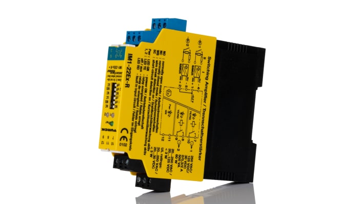 Barriera galvanica Turck IM1-22EX-R, amplificatore isolante 2 canali, montaggio su guida DIN, certificazione ATEX, temperatura -25/+70 °C.