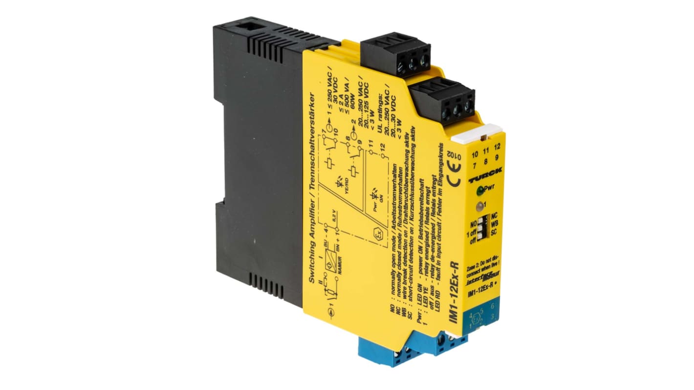 Turck IM1-12EX-R, barriera galvanica 1 canale, alimentazione 20-250V, montaggio su guida DIN, grado di protezione IP20.