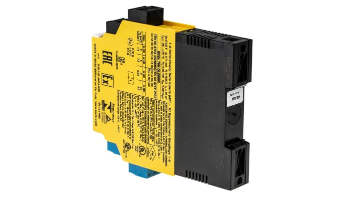 Turck IM1-12EX-R, barriera galvanica 1 canale, alimentazione 20-250V, montaggio su guida DIN, grado di protezione IP20.