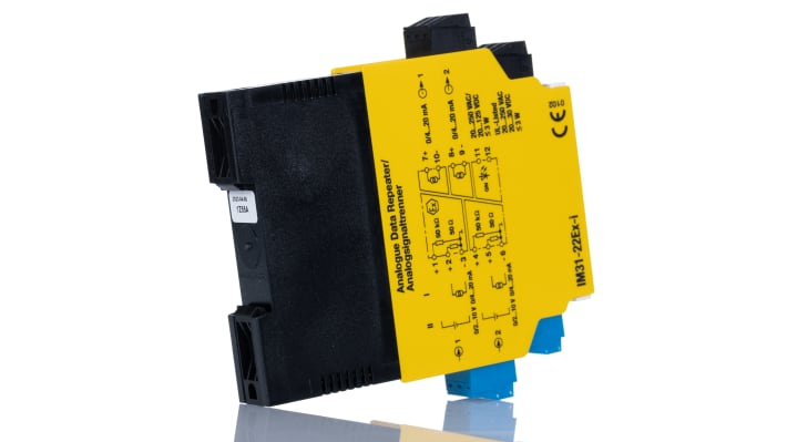 Turck IM31-22EX-I, isolatore analogico a barriera galvanica 2 canali, tensione 20-250V, montaggio su guida DIN.