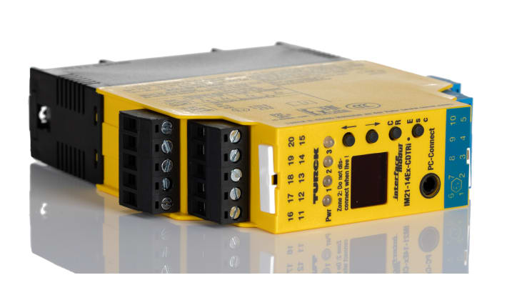 Turck IM21-14EX-CDTRI, barriera galvanica 1 canale, alimentazione 20-125 V cc, montaggio su guida DIN, grado di protezione IP20.