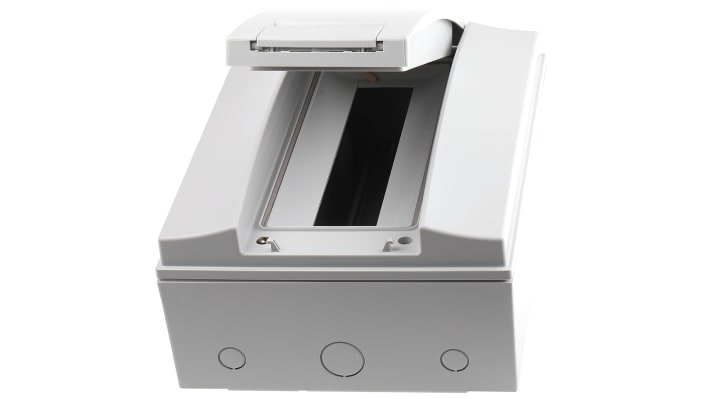 Unità di protezione ABB MISTRAL65, 12 vie, 63A, custodia IP65, dimensioni 250x320x155mm, design per facile installazione.