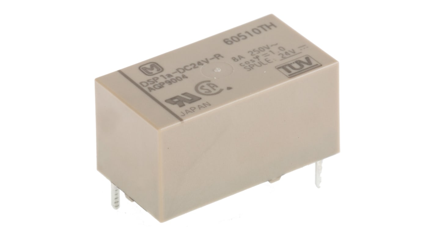 Relè di potenza Panasonic SPST, 24V cc, montaggio su PCB, dimensioni 10 x 20,2 x 11 mm, corrente 5A, isolamento 3kV.