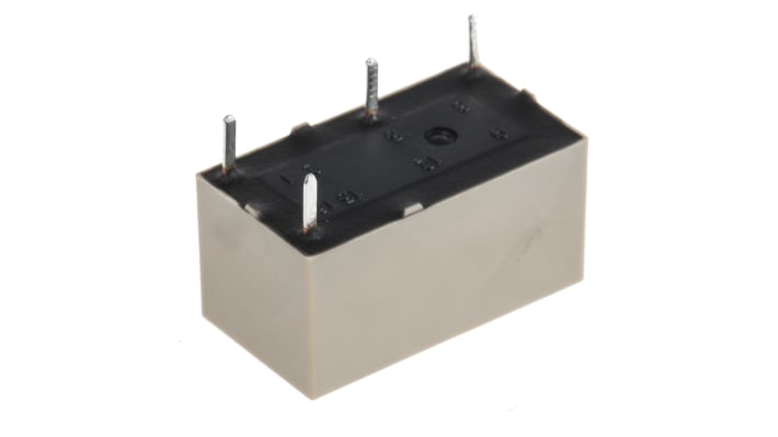 Relè di potenza SPST Panasonic DSP1A-DC12V, montaggio su PCB, corrente 8A, dimensioni 10 x 20,2 x 11 mm.