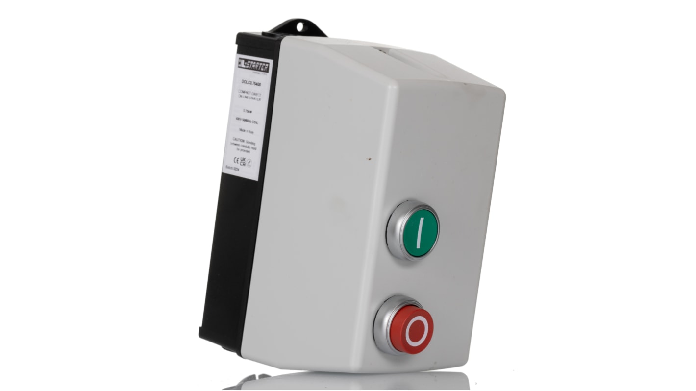 Avviatore automatico DOL Lovato DOLC0.75400 per motori trifase, potenza 0,75 kW, dimensioni 175 x 88 x 109 mm, grado di protezione IP65.