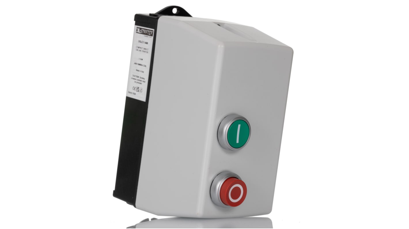 Starter DOL automatico Lovato DOLC1.1400 per motori trifase, potenza 1,1 kW, dimensioni 175 x 88 x 109 mm, grado di protezione IP65.