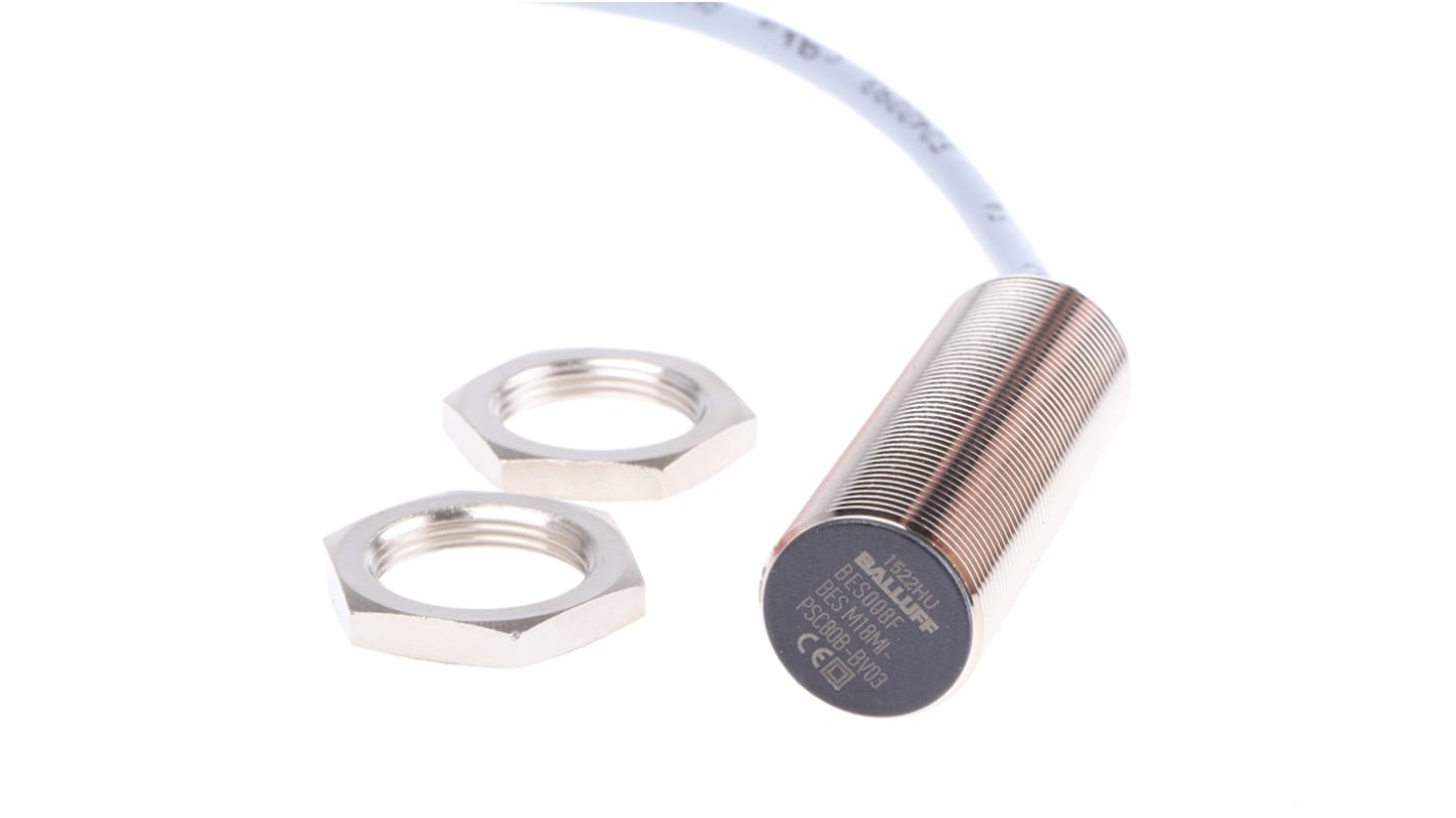 Sensore di prossimità induttivo cilindrico PNP BALLUFF BES M18MI-PSC80B-BV03, rilevamento fino a 8 mm, IP68, montaggio a filo.