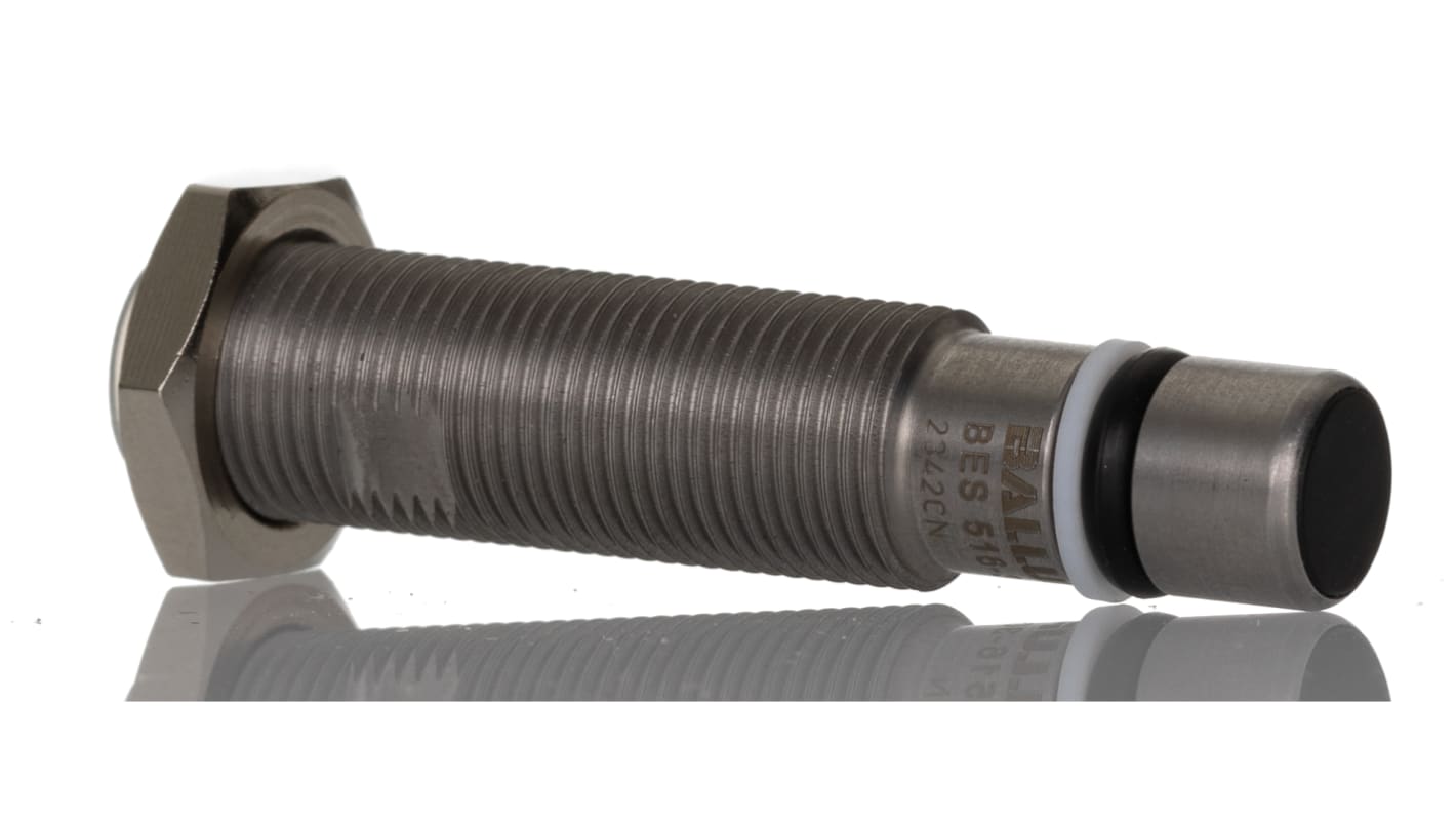 Sensore di prossimità induttivo cilindrico PNP BALLUFF BES 516-300-S249-S4-D, M12, IP68, rilevamento 1,5 mm, montaggio a filo.