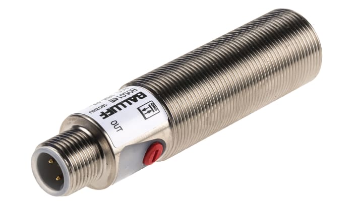 Sensore fotoelettrico cilindrico BALLUFF BOS 18M-PA-RH22-S4, rilevamento 30-300 mm, uscita PNP, IP67, connettore M12.