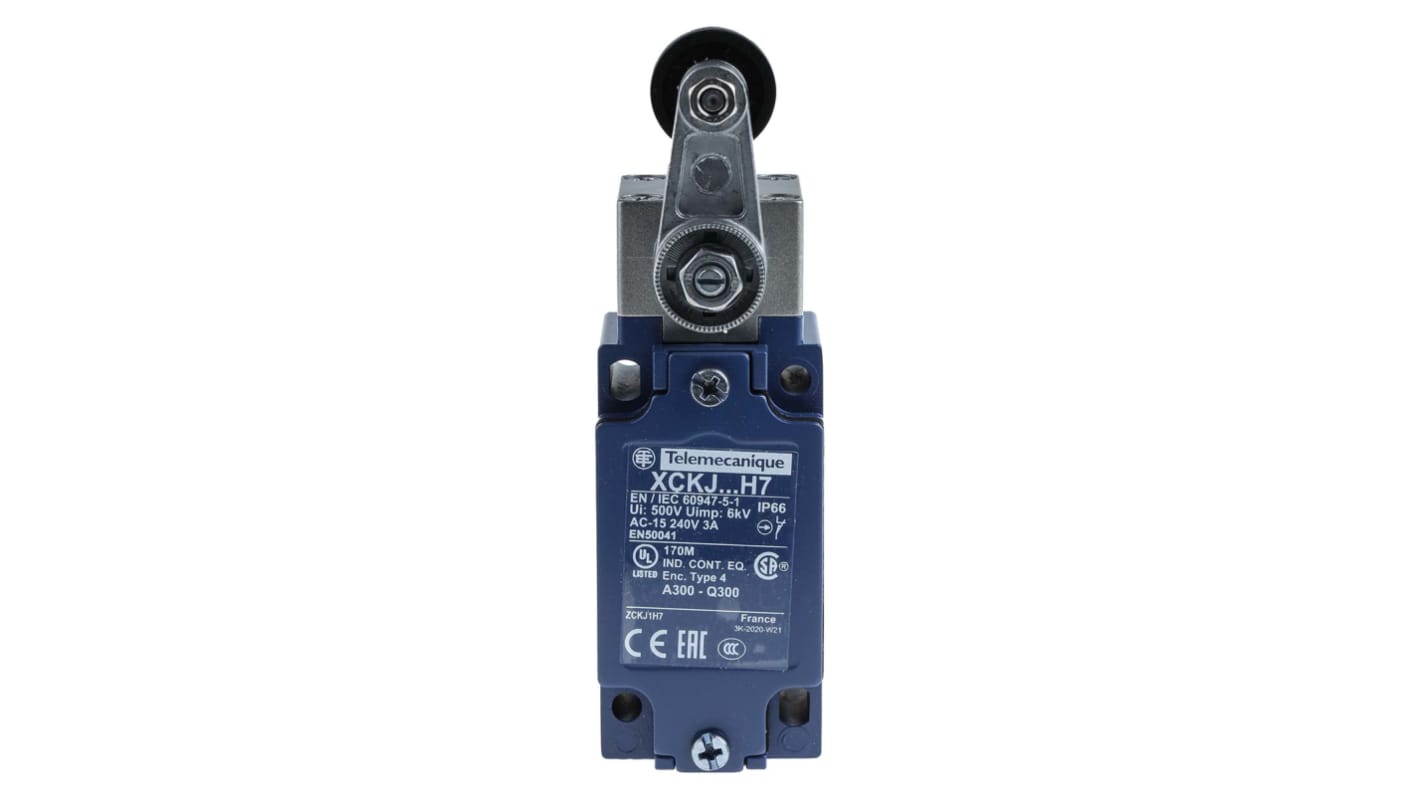 Interruttore di fine corsa a rullo Telemecanique Sensors XCKJ10511H7, NO/NC, IP66, 500V, 10A, dimensioni 77x40x44mm, montaggio laterale.