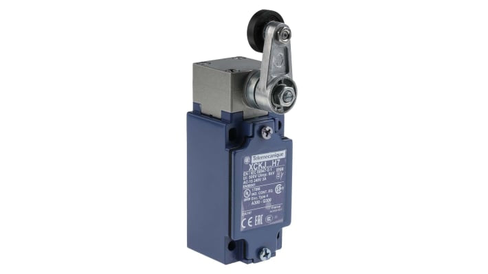 Interruttore di fine corsa a rullo Telemecanique Sensors XCKJ10511H7, NO/NC, IP66, 500V, 10A, dimensioni 77x40x44mm, montaggio laterale.
