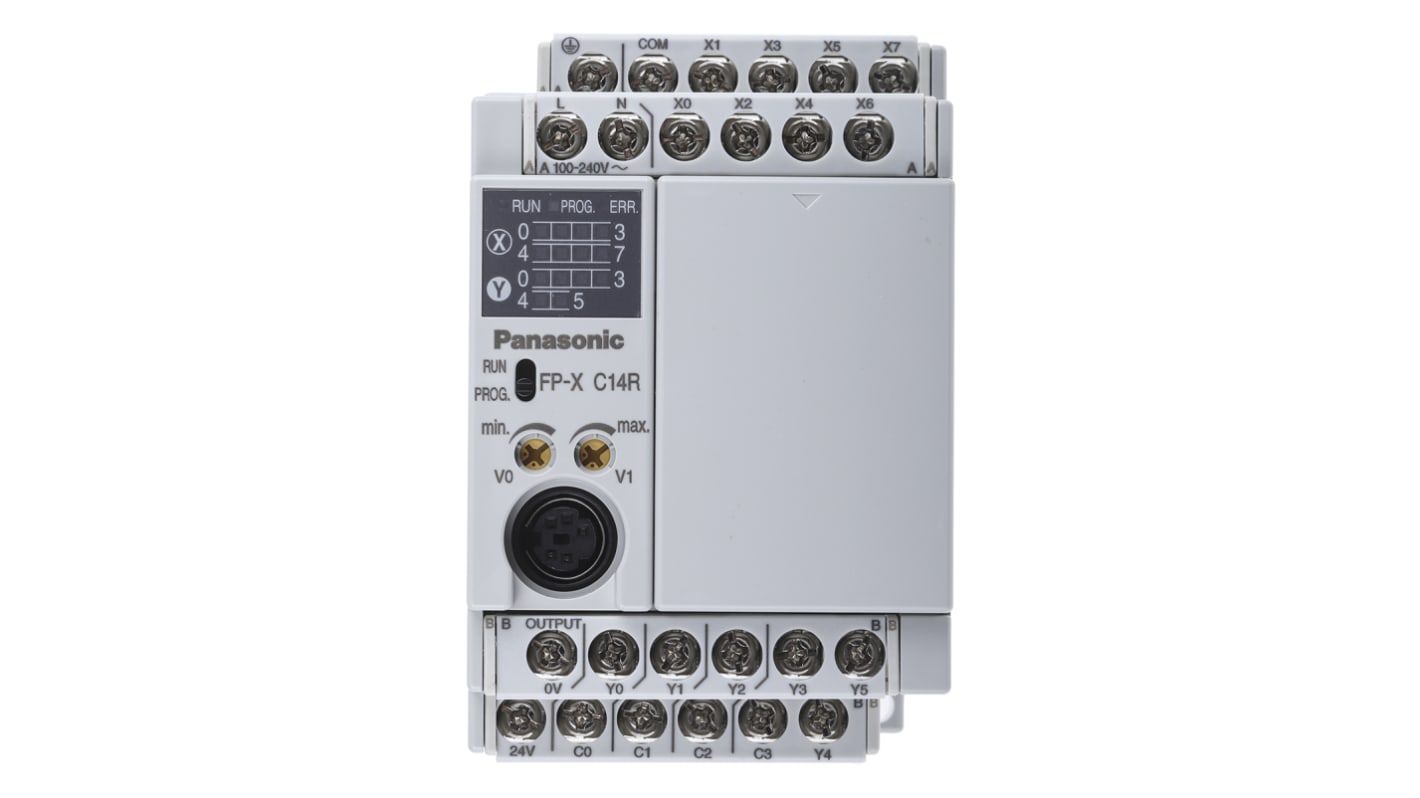 CPU PLC Panasonic AFPX-C14R, 8 ingressi/uscite, montaggio su guida DIN, dimensioni 60 x 90 x 79 mm, comunicazione Ethernet.