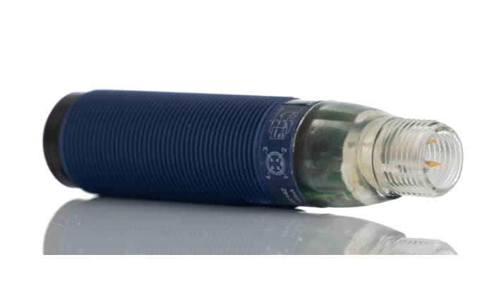 Sensore di prossimità cilindrico PNP Telemecanique Sensors VM18PNOQ, gamma di rilevamento 50-500 mm, IP67, dimensioni 18 x 77,62 mm.