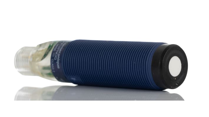 Sensore di prossimità cilindrico PNP Telemecanique Sensors VM18PNOQ, gamma di rilevamento 50-500 mm, IP67, dimensioni 18 x 77,62 mm.