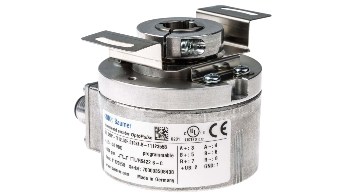 Baumer EIL580P-TT12.5BF.01024.B, encoder incrementale ottico, 1 a 65536 impulsi, flangia M12, IP65, 12 mm di diametro albero.