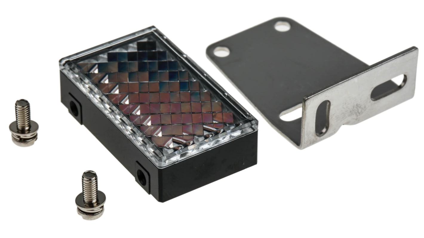 Riflettore Omron E39-R3 per sensori fotoelettrici retro-riflettivi, forma rettangolare, compatibile con serie E3, standard CE.