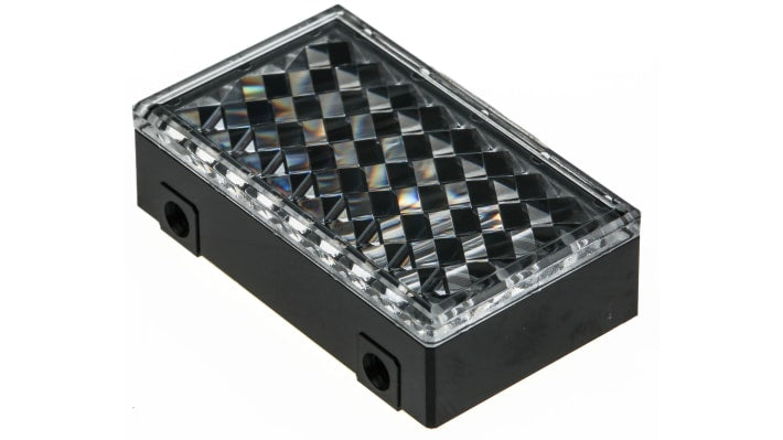 Riflettore Omron E39-R3 per sensori fotoelettrici retro-riflettivi, forma rettangolare, compatibile con serie E3, standard CE.