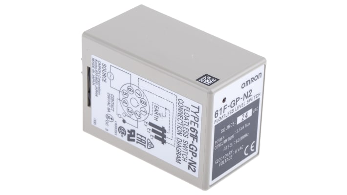 Regolatore di livello conduttivo Omron 61FGPN224ACCE, montaggio su guida DIN, dimensioni 49,4mm x 38mm x 80mm, alimentazione 24V.