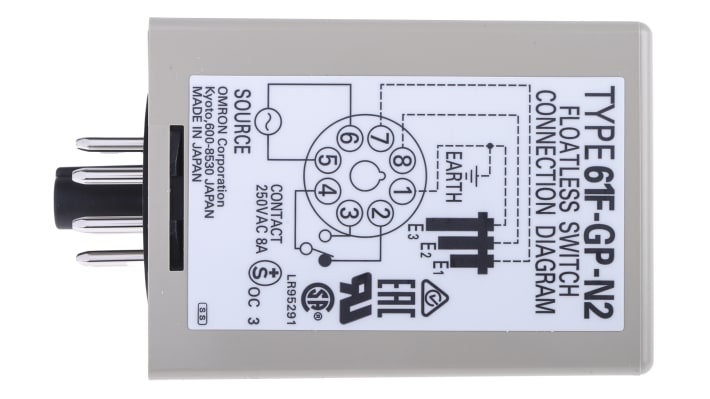 Regolatore di livello conduttivo Omron 61FGPN224ACCE, montaggio su guida DIN, dimensioni 49,4mm x 38mm x 80mm, alimentazione 24V.
