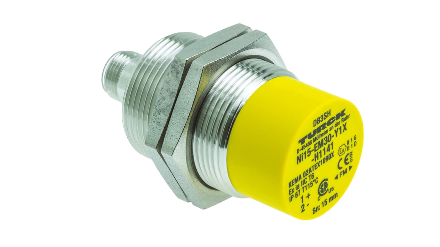Sensore di prossimità cilindrico Turck Ni15-EM30-Y1X-H1141, NAMUR, M30, rilevamento 15 mm, IP67, corpo in acciaio inox, connettore M12.