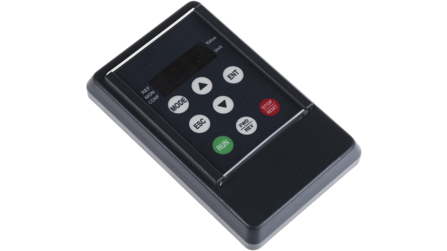 Tastierino remoto ATV12 VW3A1007 di Schneider Electric, dimensioni 22,7 x 50 x 70 mm, grado di protezione IP65, montaggio su sportello.