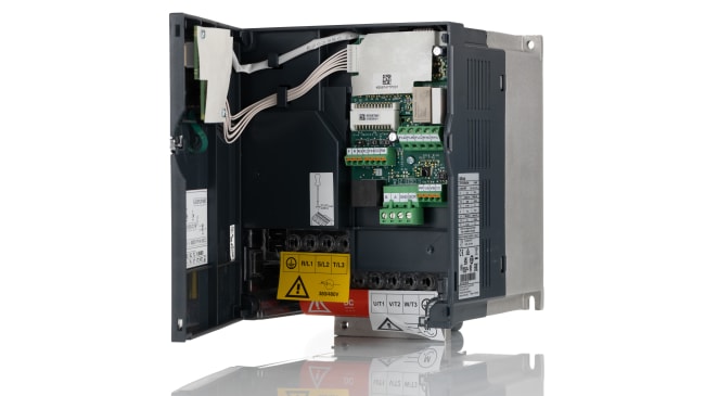 Inverter 3 fasi Schneider Electric ATV212HU40N4, potenza 4 kW, montaggio a pannello, dimensioni 140 x 184 x 150 mm.