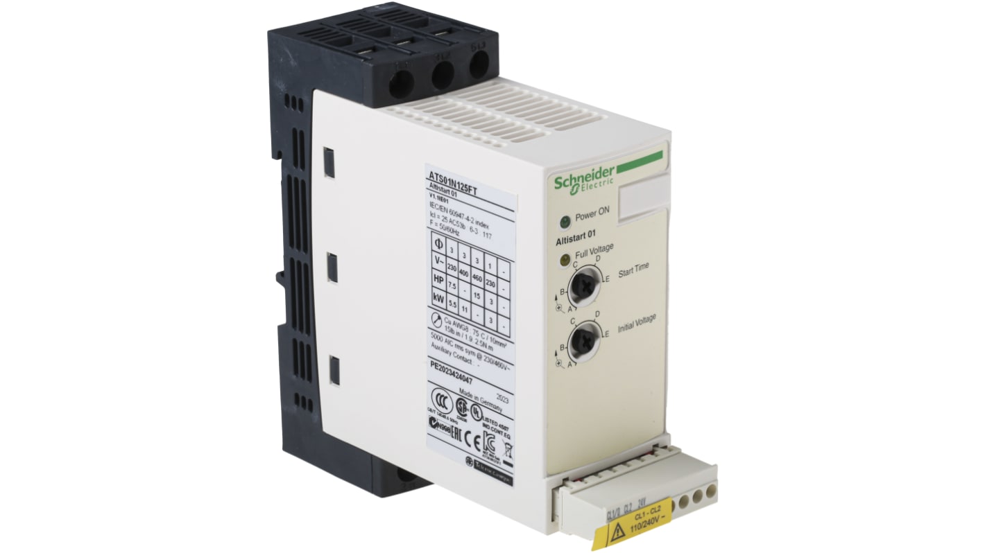 Soft starter Schneider Electric ATS01N125FT, 1 e 3 fasi, potenza 11 kW, corrente 25 A, dimensioni 124x45x131 mm.