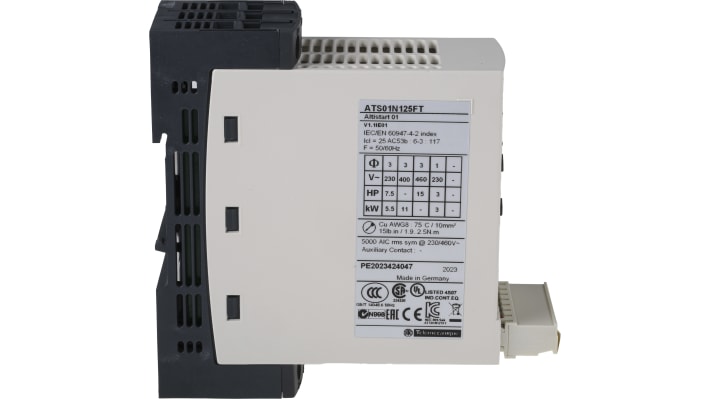 Soft starter Schneider Electric ATS01N125FT, 1 e 3 fasi, potenza 11 kW, corrente 25 A, dimensioni 124x45x131 mm.