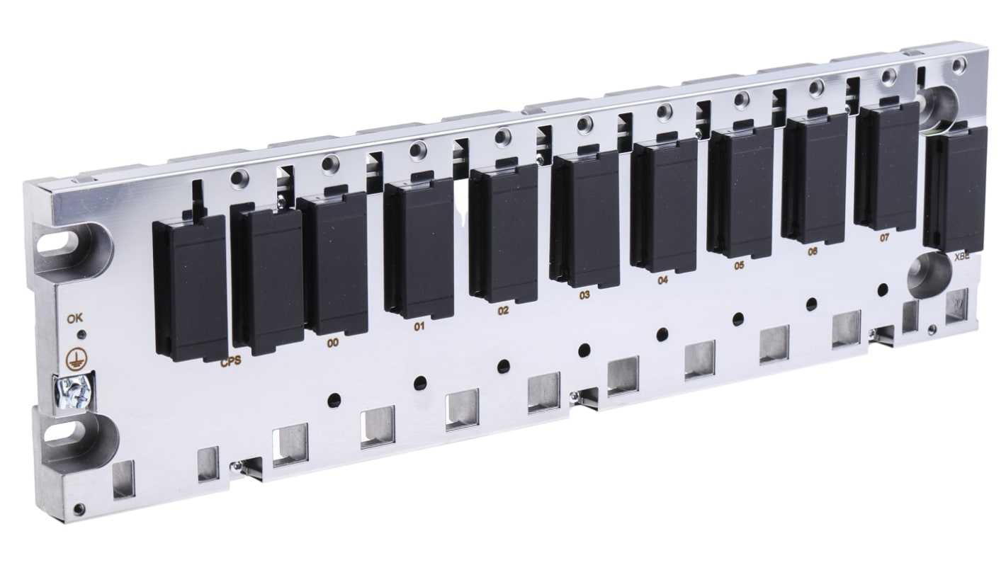 Backplane per guida DIN Schneider Electric BMEXBP0800, compatibile con Modicon M580, dimensioni 372,8 x 105,11 x 19 mm. Montaggio su guida DIN.