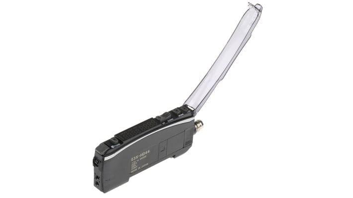 Sensore PNP per fibre ottiche Omron E3X-HD44, alimentazione 12-24 V c.c., dimensioni 104,8 x 10 x 33,5 mm, grado di protezione IP50.