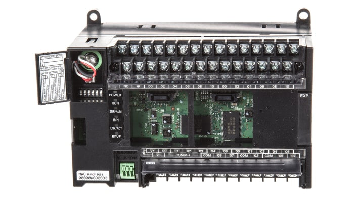 Omron CP1L-EM40DT1-D, CPU PLC con 40 I/O, montaggio su guida DIN, dimensioni 150 x 90 x 85 mm, porta Ethernet.
