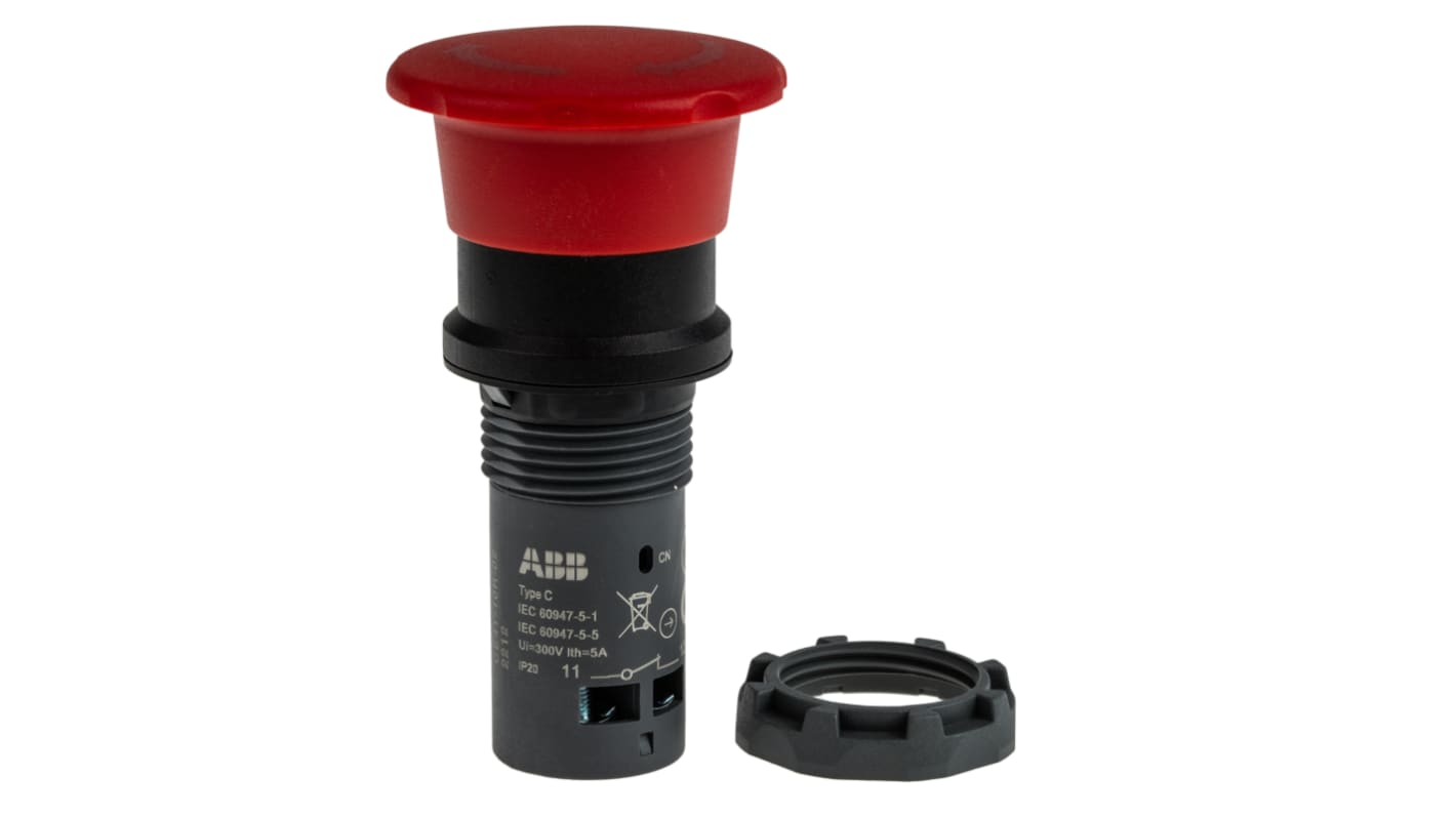 Pulsante di arresto di emergenza ABB, montaggio a pannello, diametro 22,5 mm, protezione IP66/IP67/IP69K, dimensioni 40x40x73 mm.